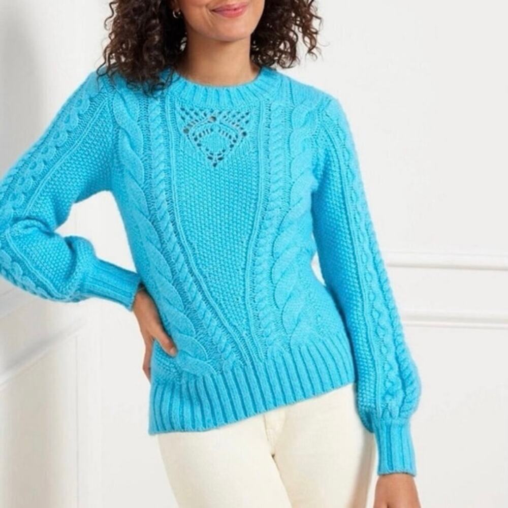 Talbots Petite Blue Cable Knit Sweater Balloon Sleeve Wool Blend Size Sp